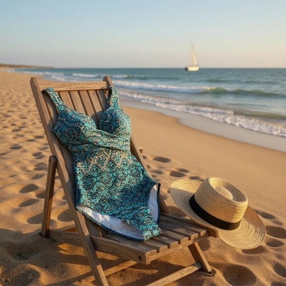 Miraclesuit Thebes Criss Cross Escape 1PC Swimsuit *Teal & Gold Print* Size 10 - Picture 8 of 8